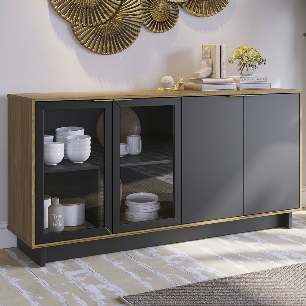 Balcao Aparador Buffet 4 Portas 160 cm Vitoria Noce Milano Preto Colibri
