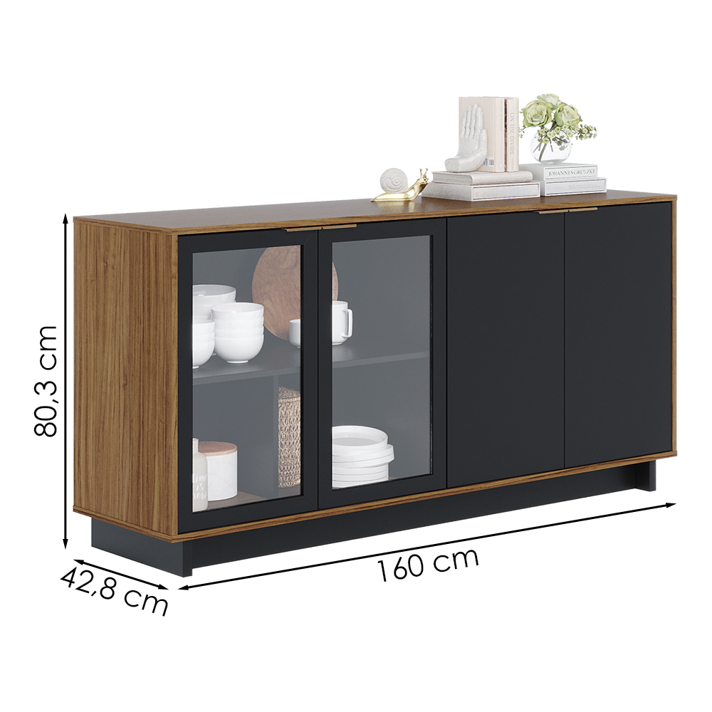 Balcao Aparador Buffet 4 Portas 160 cm Vitoria Noce Milano Preto Colibri