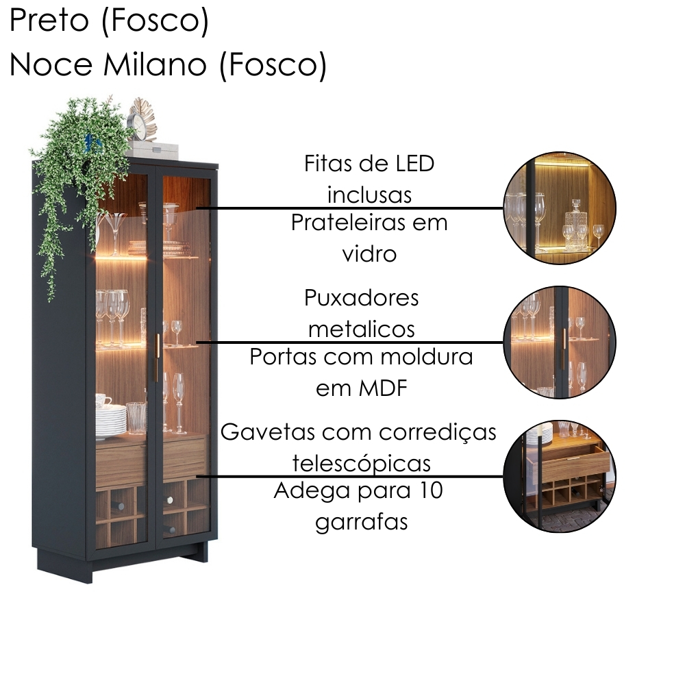 Cristaleira 2 Portas 1 Gaveta Guanabara 176x72 cm Preto Noce Milano Colibri