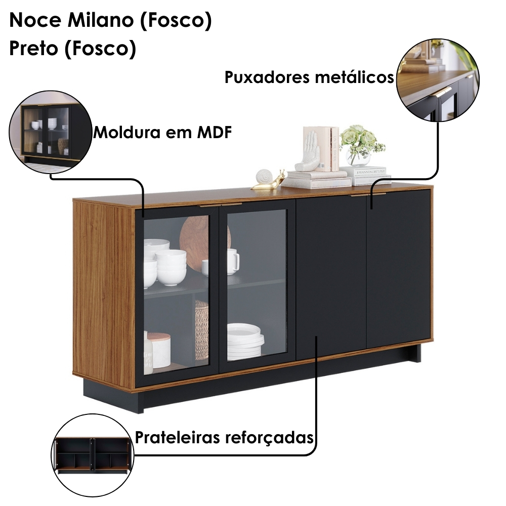 Cristaleira Guanabara e Balcão Buffet Vitoria Noce Milano Preto Colibri