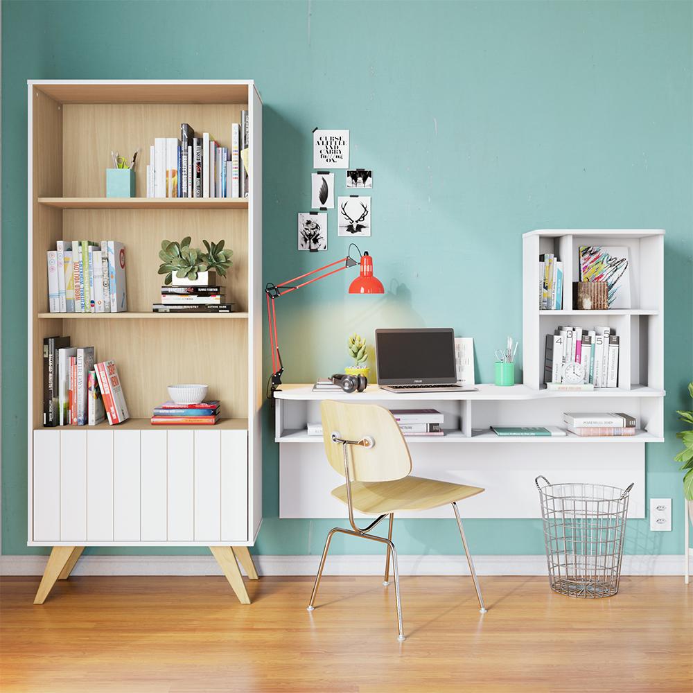 Escrivaninha Suspensa Lilac com estante de Livros Link Branco fosco Tauari nobre Colibri Moveis