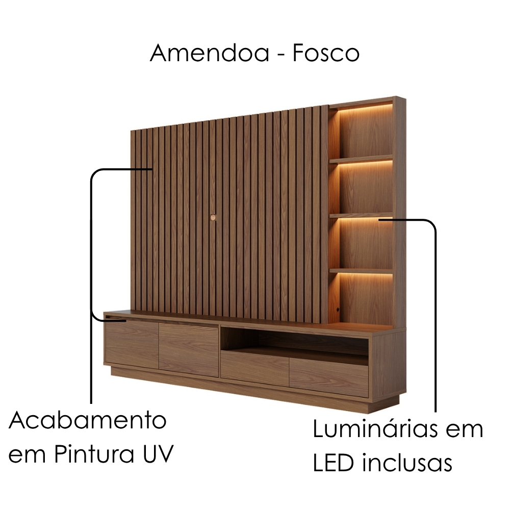 Estante Home Ripado Tv 82 Pol 240 cm Cancun Amendoa Colibri