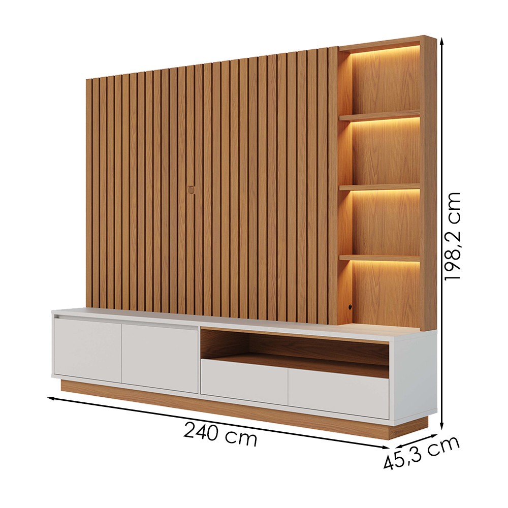 Estante Home Ripado Tv 82 Pol 240 cm Cancun Freijo Off White Matte Colibri