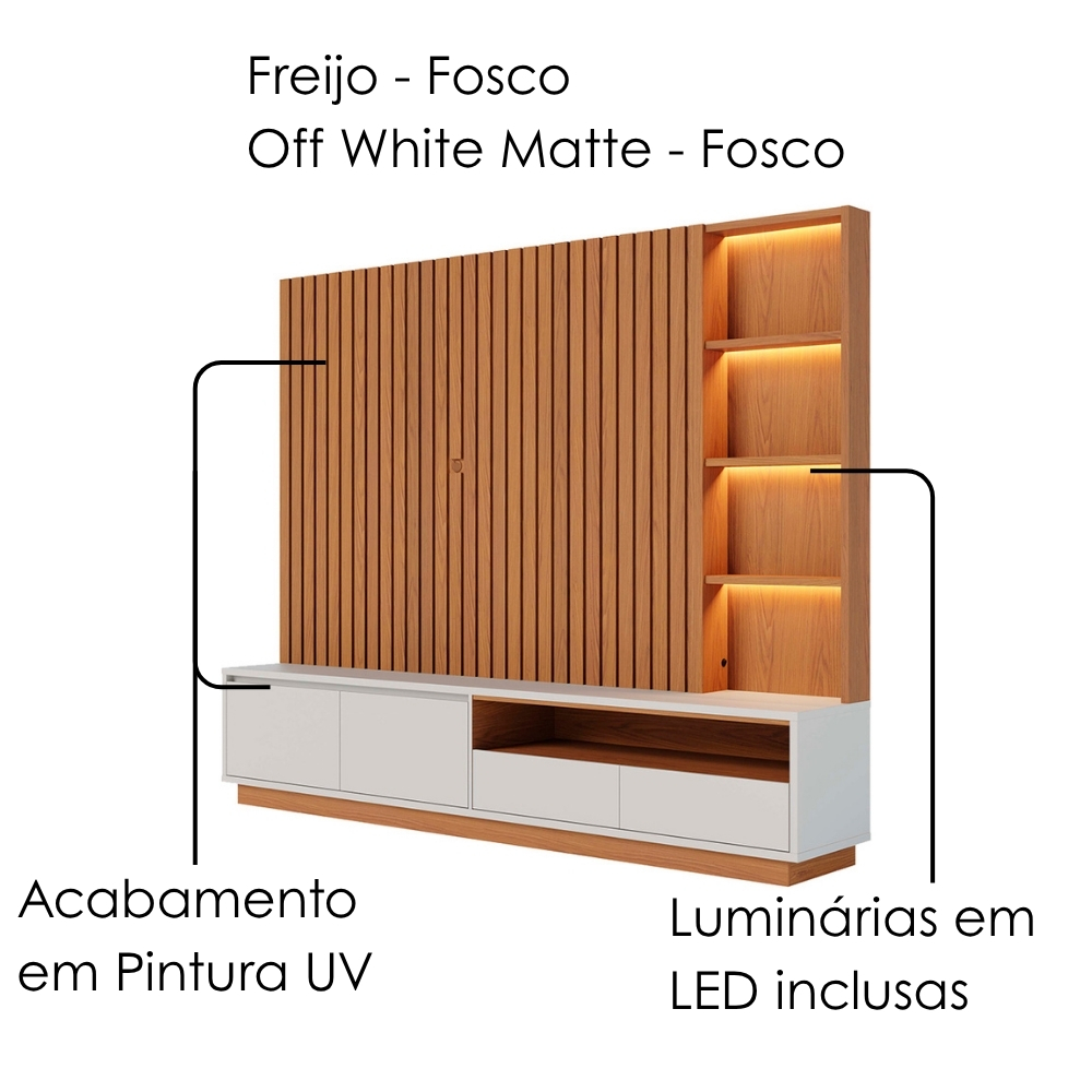Estante Home Ripado Tv 82 Pol 240 cm Cancun Freijo Off White Matte Colibri