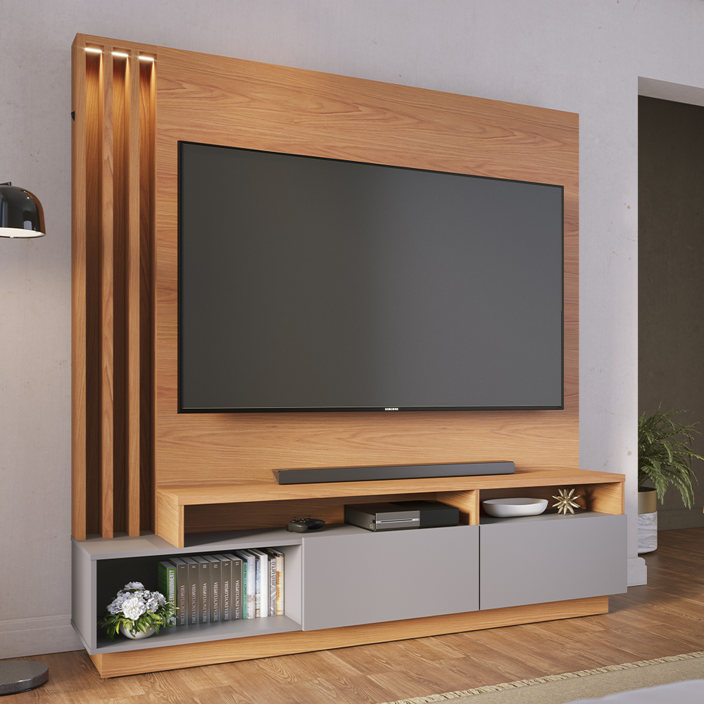 Estante Home Tv 65 Pol 180 cm 2 Portas Humaita Freijo Cinza Colibri