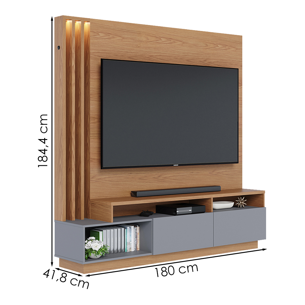 Estante Home Tv 65 Pol 180 cm 2 Portas Humaita Freijo Cinza Colibri
