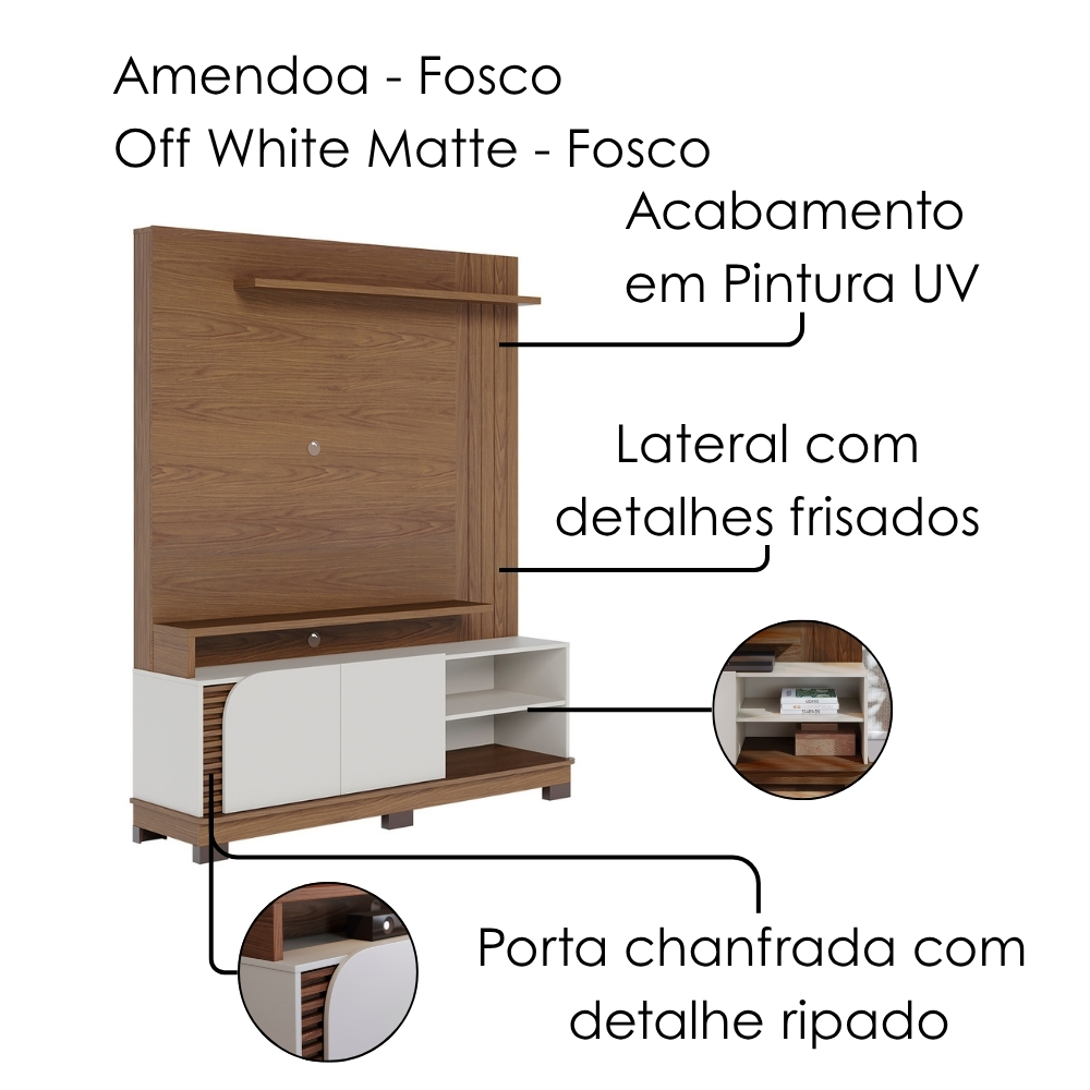 Estante Home Tv 65 Pol 2 Portas 152 cm Jurere Amendoa Off White Matte Colibri