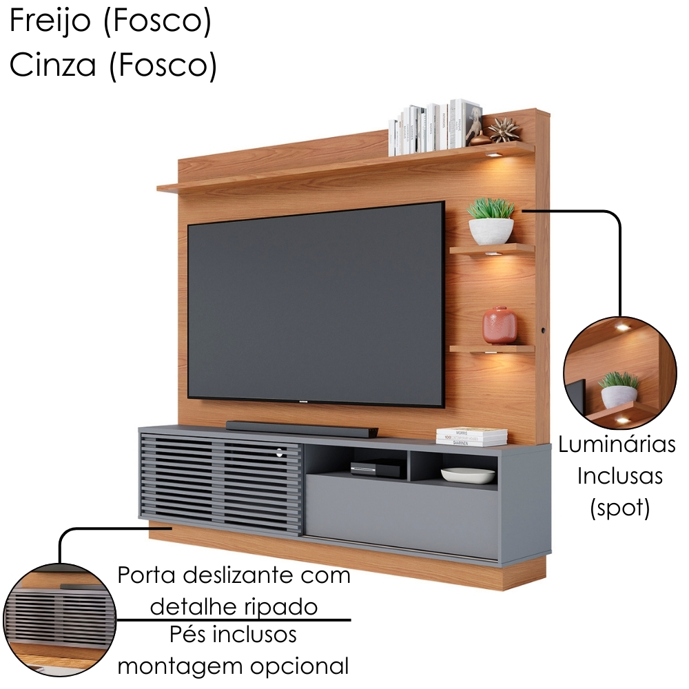 Estante Home Tv 70 Pol 200 cm Campeche Freijo Cinza Colibri