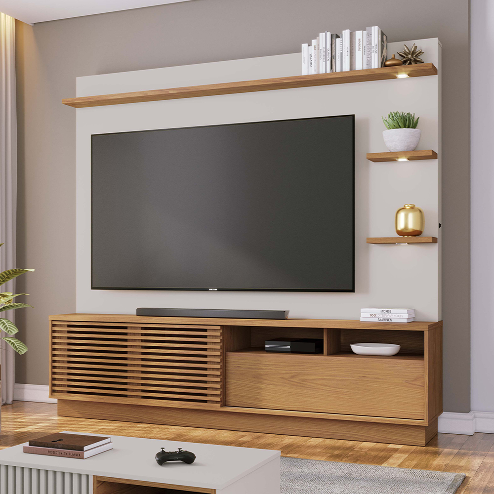 Estante Home Tv 70 Pol 200 cm Campeche Freijo Off White Matte Colibri