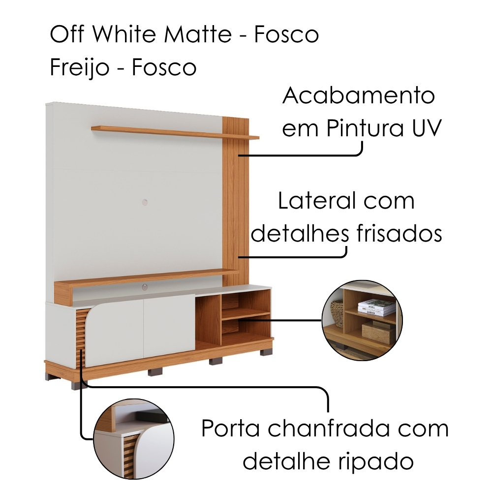 Estante Home Tv 75 Pol 2 Portas 182 cm Jurere Off White Matte Freijo Colibri