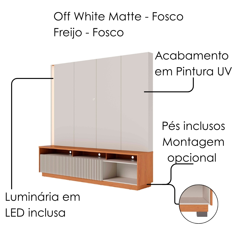 Estante Home Tv 75 Pol 200 cm 2 Portas Jordao Off White Matte Freijo Colibri
