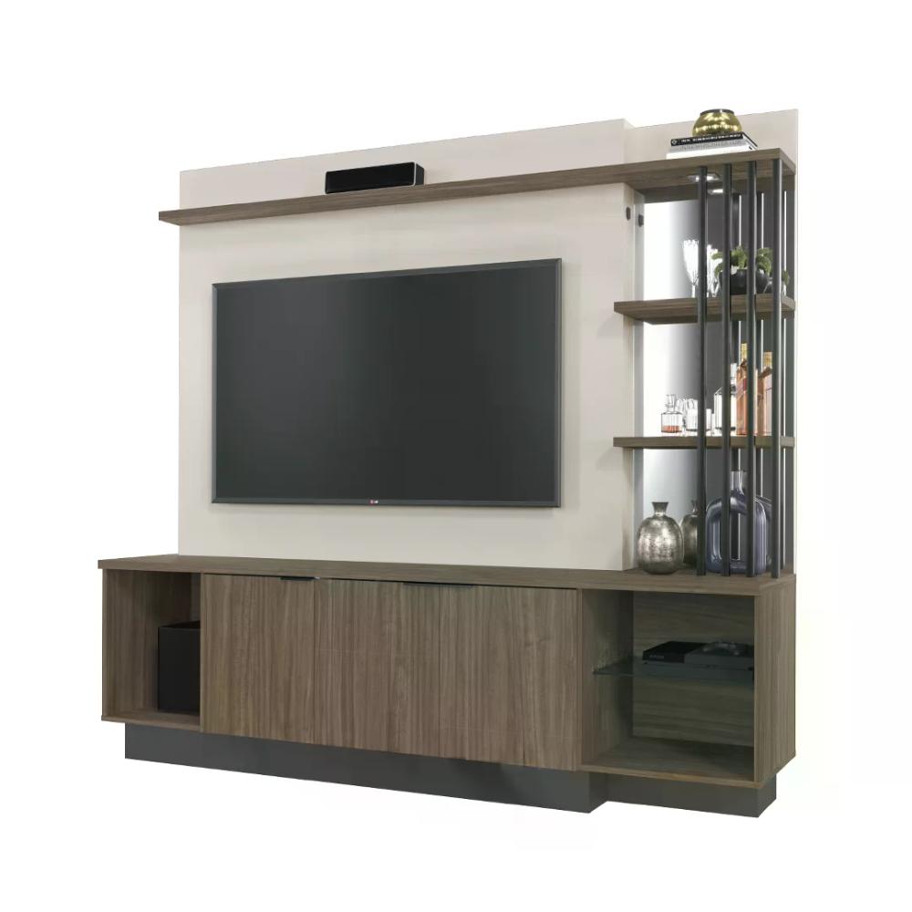 Estante Home para TV até 65 Polegadas Maresias - Nogueira Real / Off White / Preto Fosco