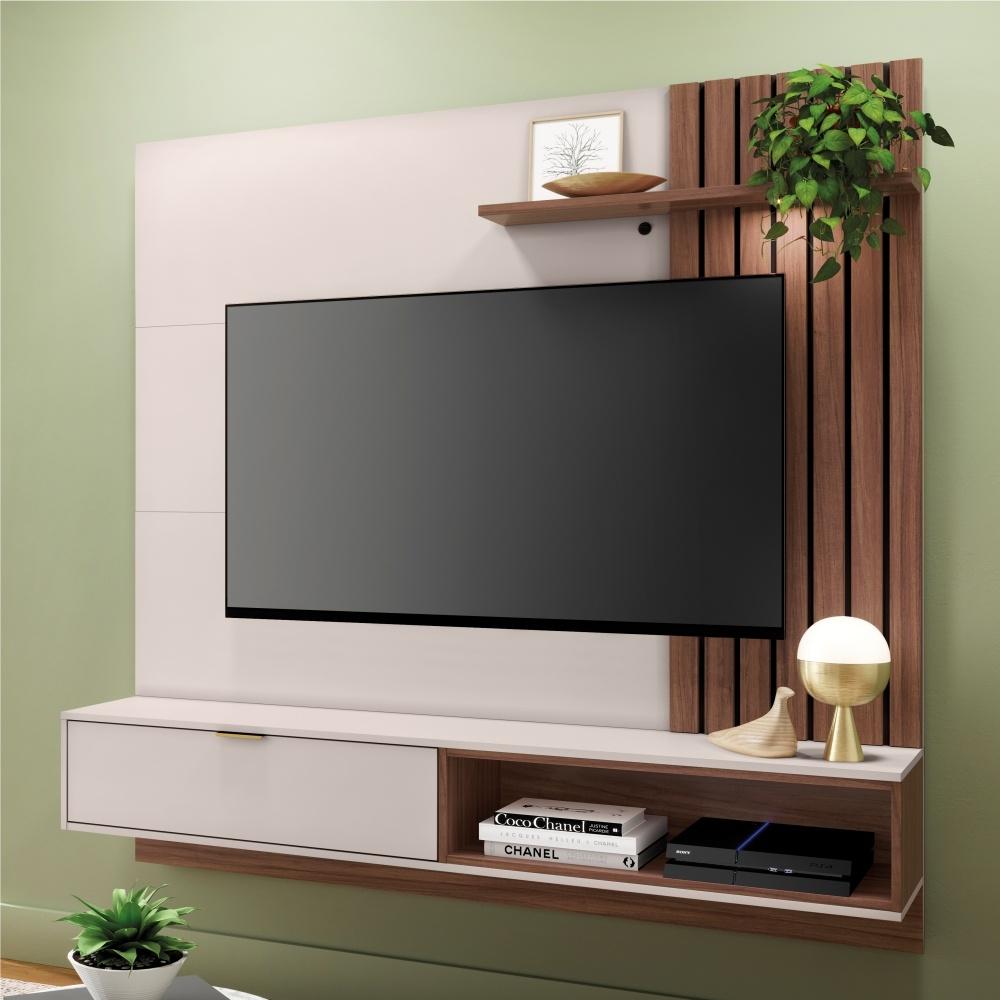 Estante para TV com Ripas e Nichos Mit 1.6 Off White Nogueira