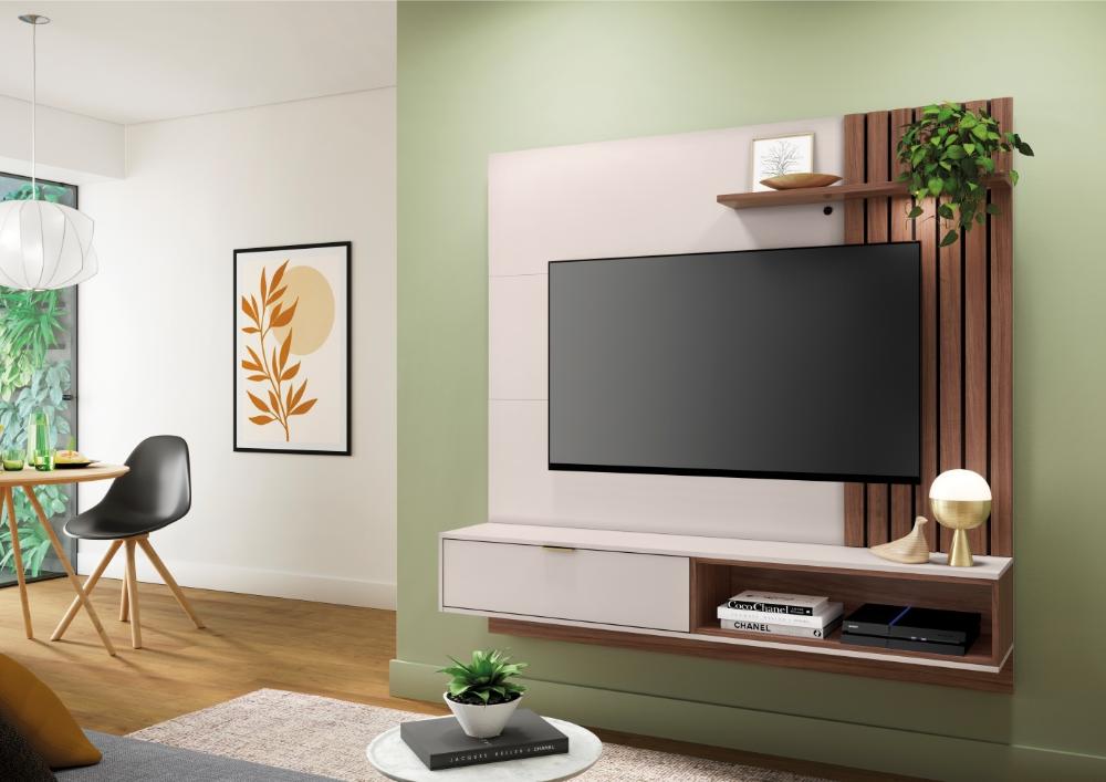 Estante para TV com Ripas e Nichos Mit 1.6 Off White Nogueira
