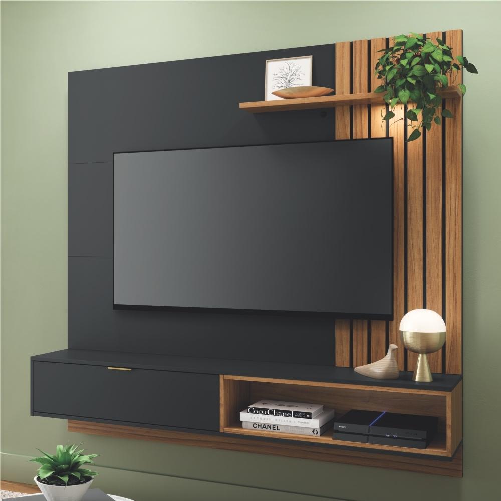 Estante para TV com Ripas e Nichos Mit 1.6 Preto Noce