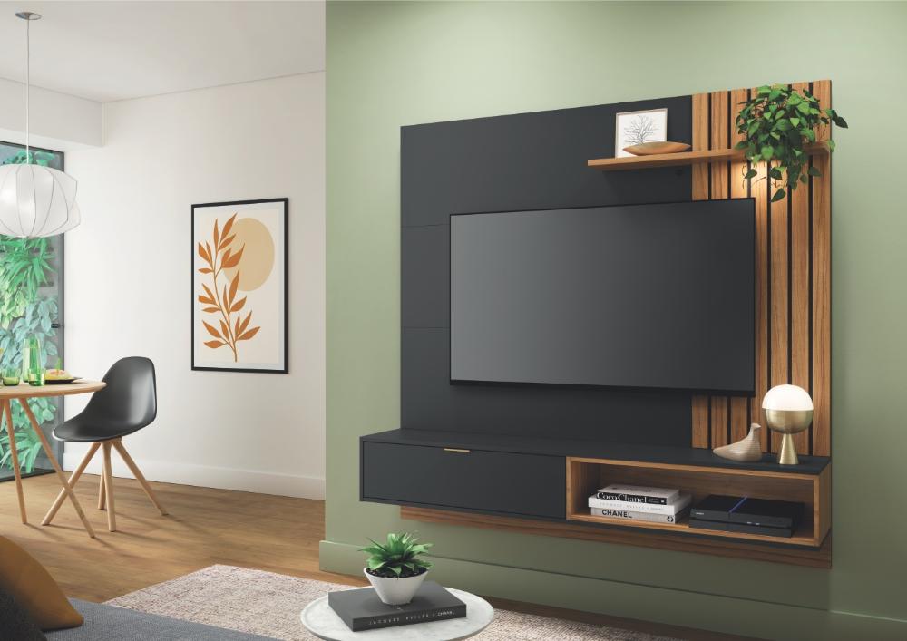 Estante para TV com Ripas e Nichos Mit 1.6 Preto Noce