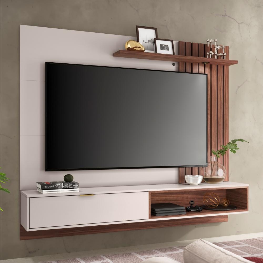 Estante para TV com Ripas e Nichos Mit 1.8 Off White Nogueira