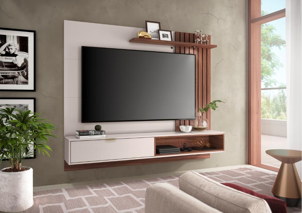 Estante para TV com Ripas e Nichos Mit 1.8 Off White Nogueira