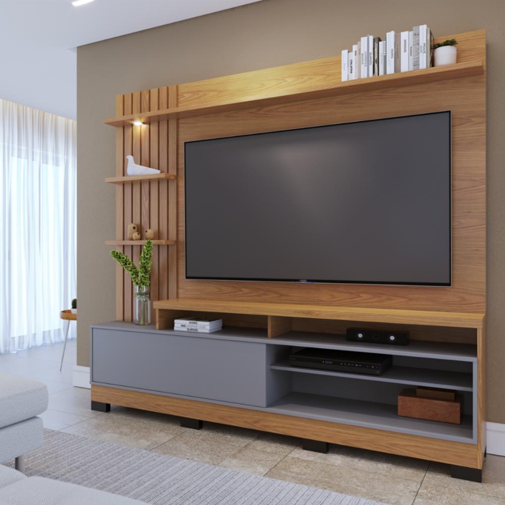 Home Frisado TVs 65" e  8 Pés Lece Freijó Cinza Fosco