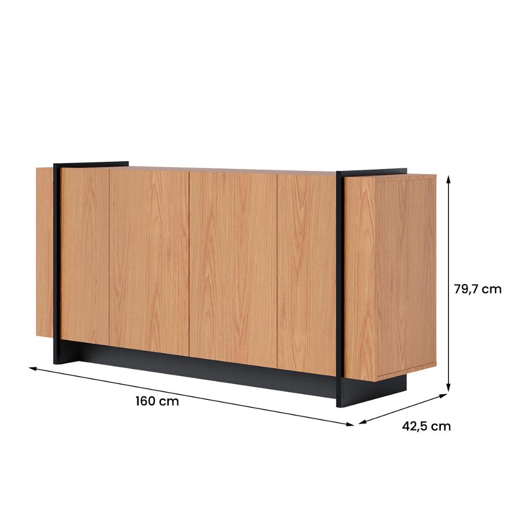 Aparador Buffet Copacabana 4 Portas e Detalhe Tubo Metálico Freijo/Preto Fosco