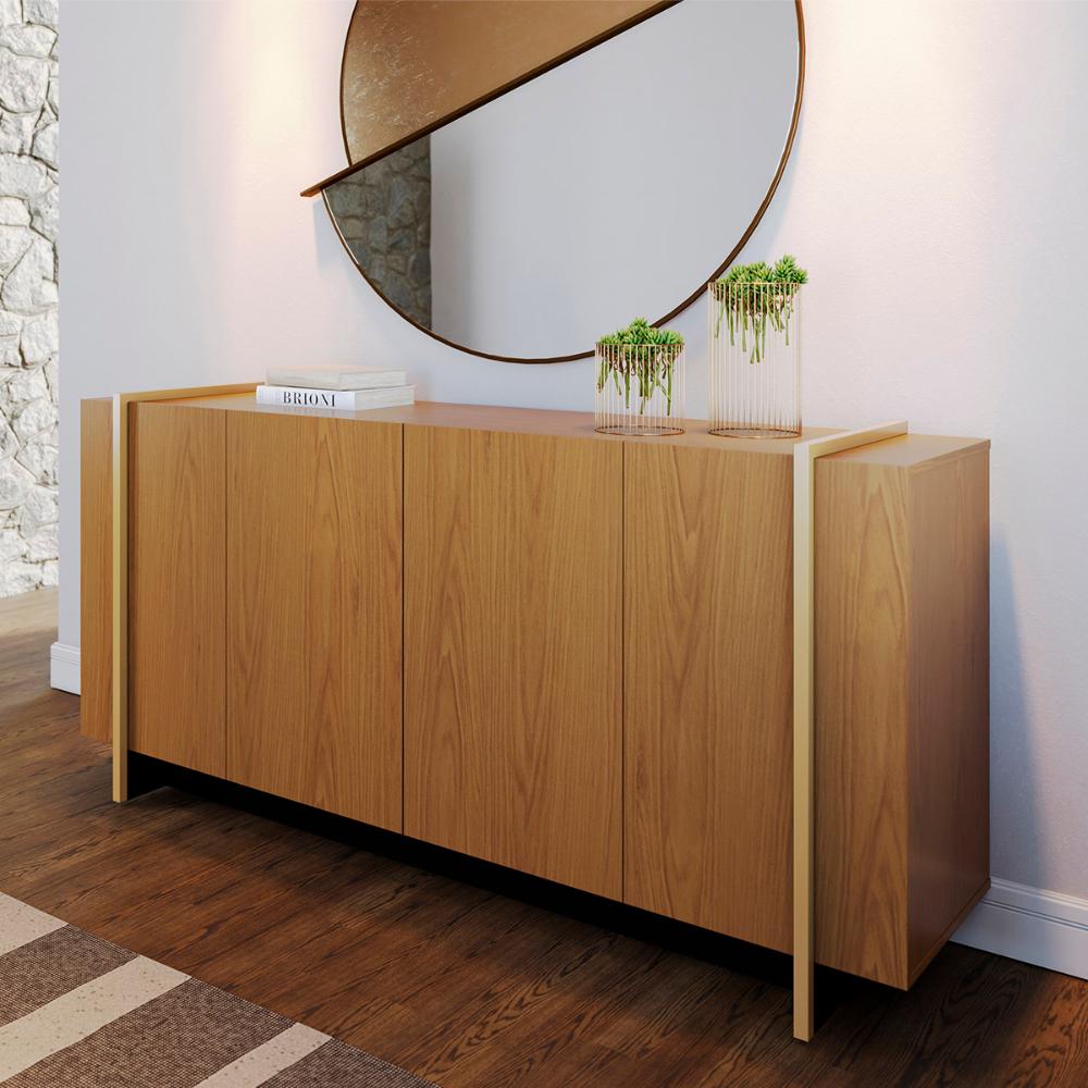 Aparador Buffet Copacabana 4 Portas e Detalhe Tubo Metálico Freijo/Preto Fosco/Dourado