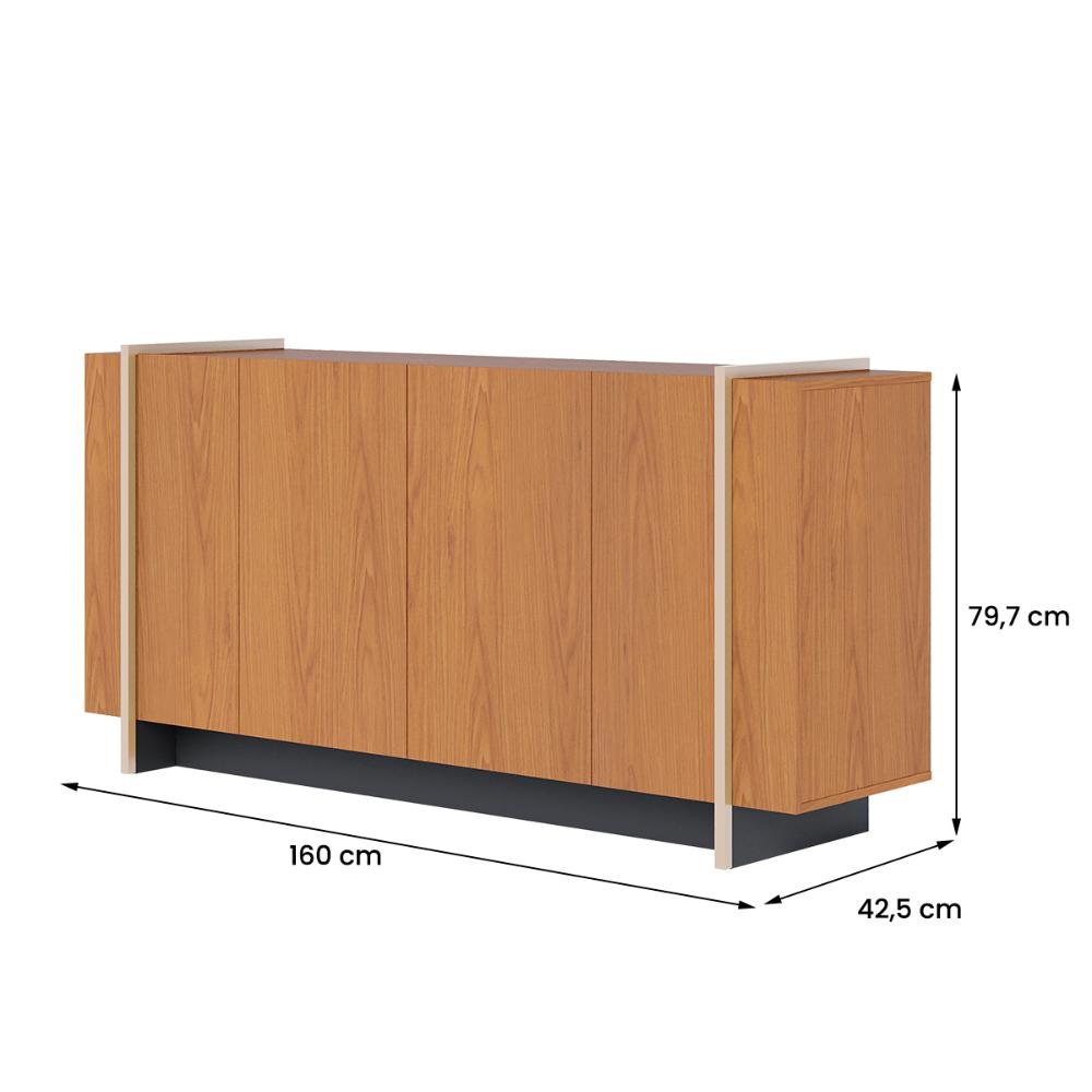 Aparador Buffet Copacabana 4 Portas e Detalhe Tubo Metálico Freijo/Preto Fosco/Dourado