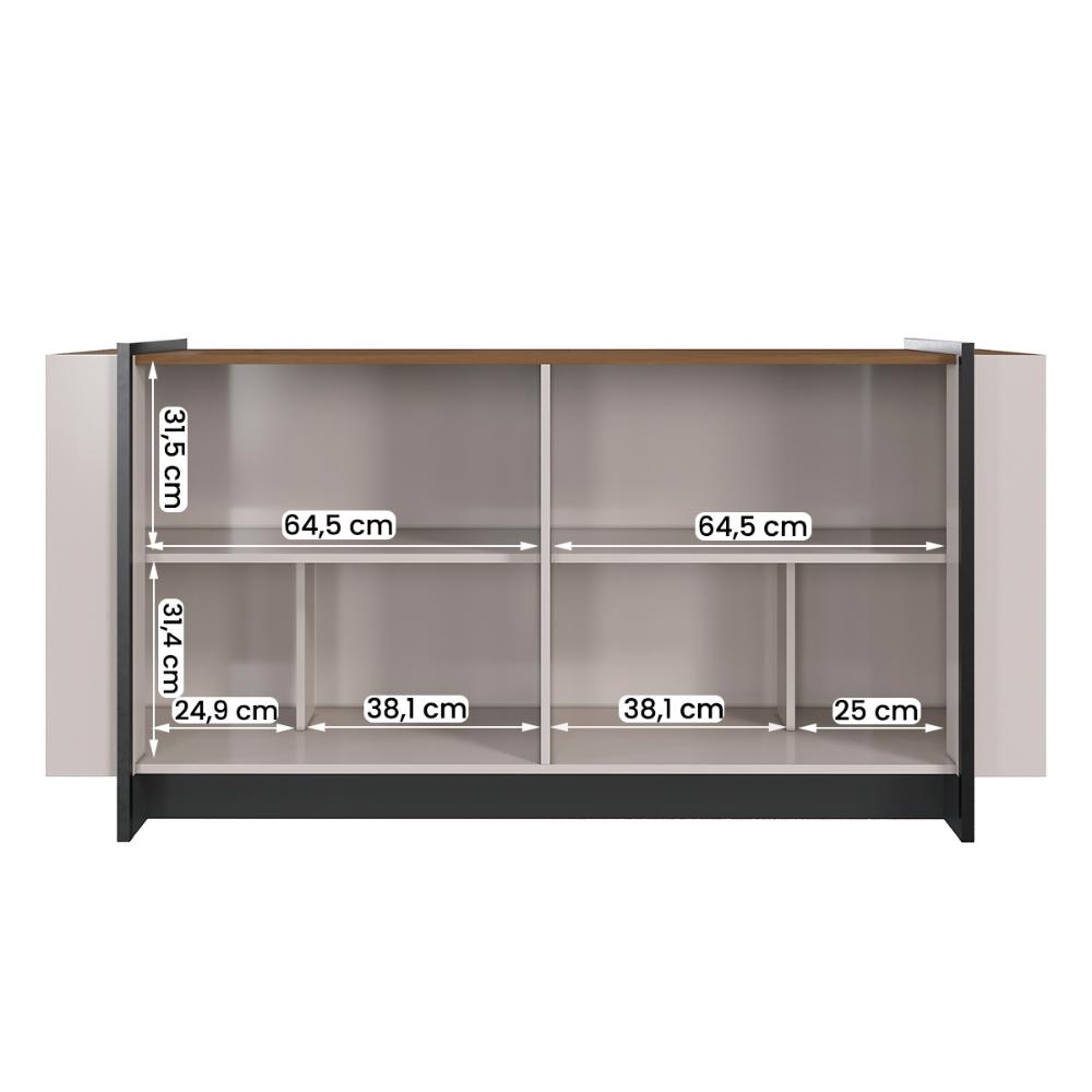 Aparador Buffet Copacabana 4 Portas e Detalhe Tubo Metálico Off White/Nogueira/Preto Fosco
