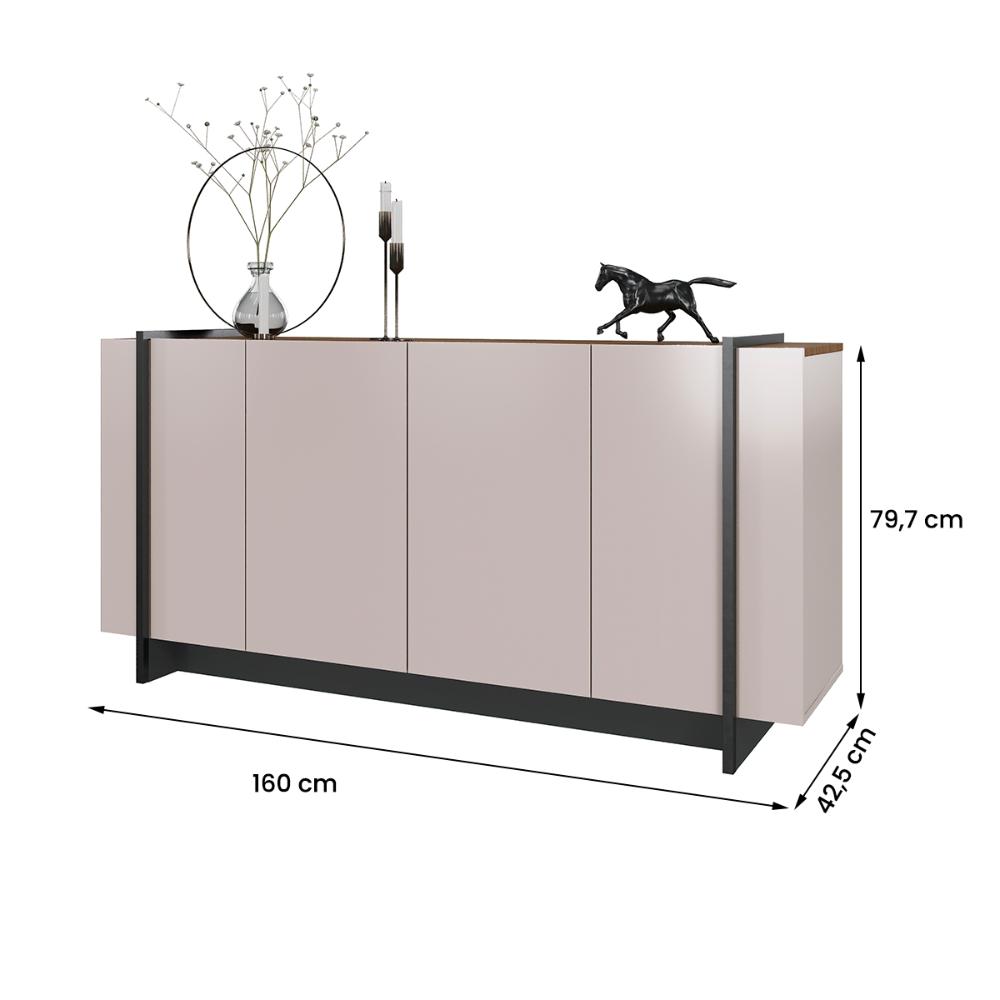 Aparador Buffet Copacabana 4 Portas e Detalhe Tubo Metálico Off White/Nogueira/Preto Fosco