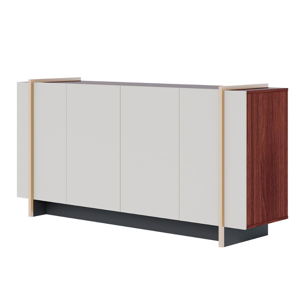 Aparador Buffet Copacabana 4 Portas e Detalhe Tubo Metálico Off White/Nogueira/Preto Fosco/Dourado