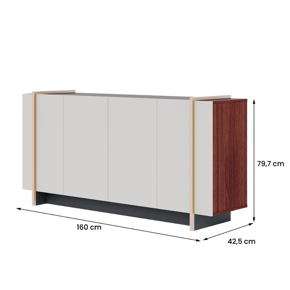 Aparador Buffet Copacabana 4 Portas e Detalhe Tubo Metálico Off White/Nogueira/Preto Fosco/Dourado