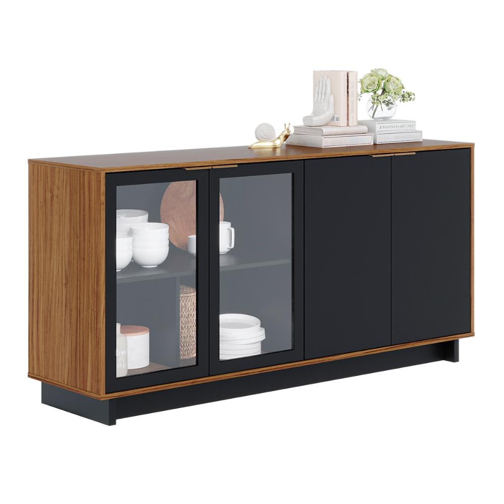 Aparador Buffet Vitoria 2 Portas MDP 2 Vidro e Prateleiras Noce Milano/Preto Fosco