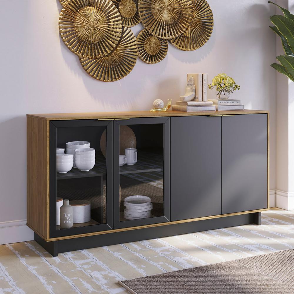 Aparador Buffet Vitoria 2 Portas MDP 2 Vidro e Prateleiras Noce Milano/Preto Fosco