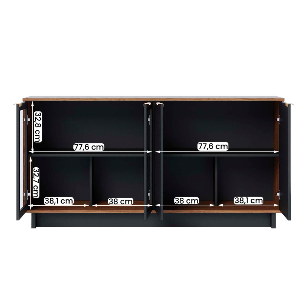 Aparador Buffet Vitoria 2 Portas MDP 2 Vidro e Prateleiras Noce Milano/Preto Fosco