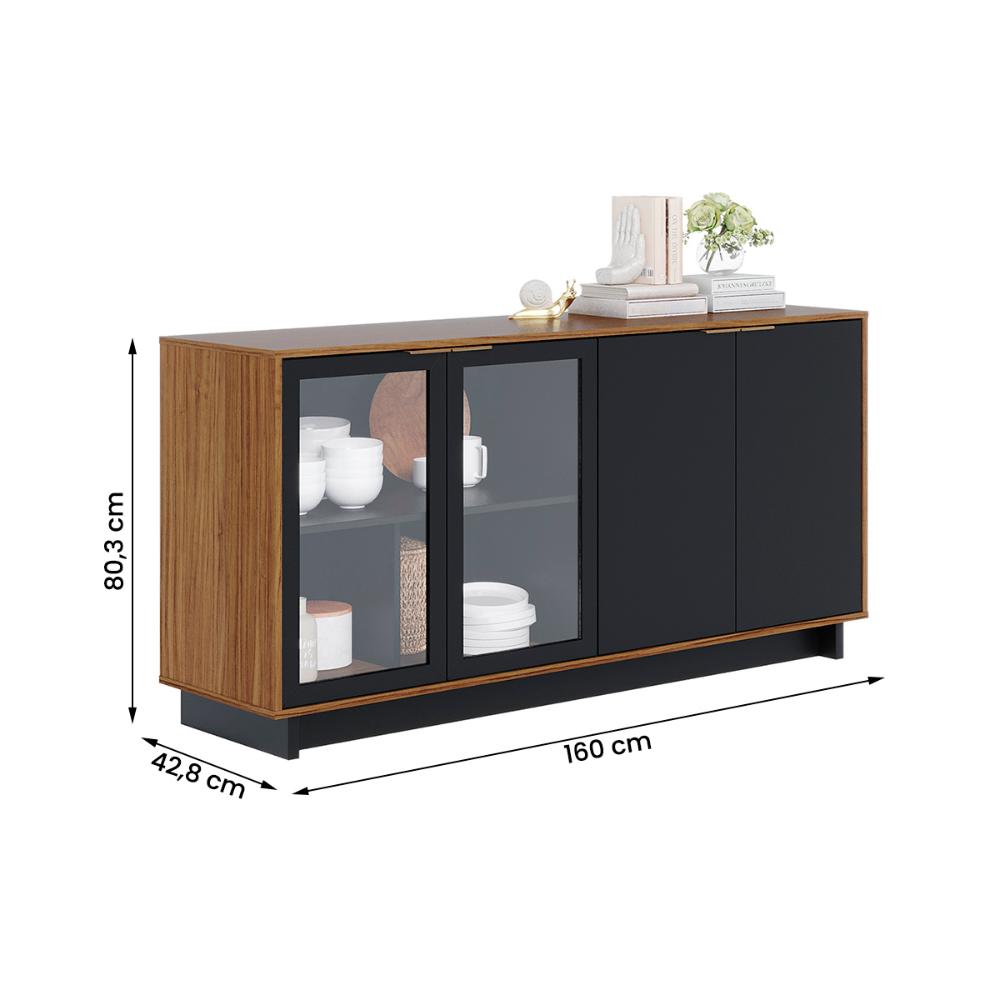 Aparador Buffet Vitoria 2 Portas MDP 2 Vidro e Prateleiras Noce Milano/Preto Fosco