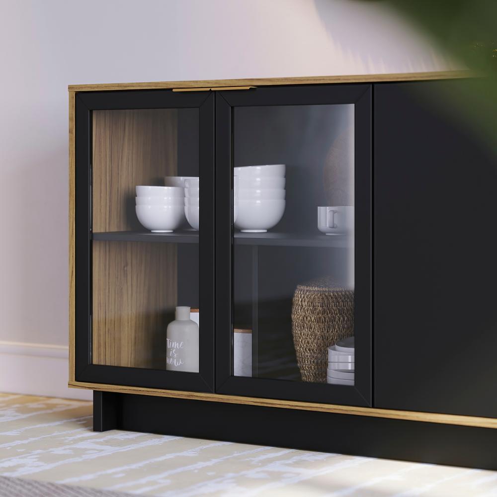 Aparador Buffet Vitoria 2 Portas MDP 2 Vidro e Prateleiras Noce Milano/Preto Fosco