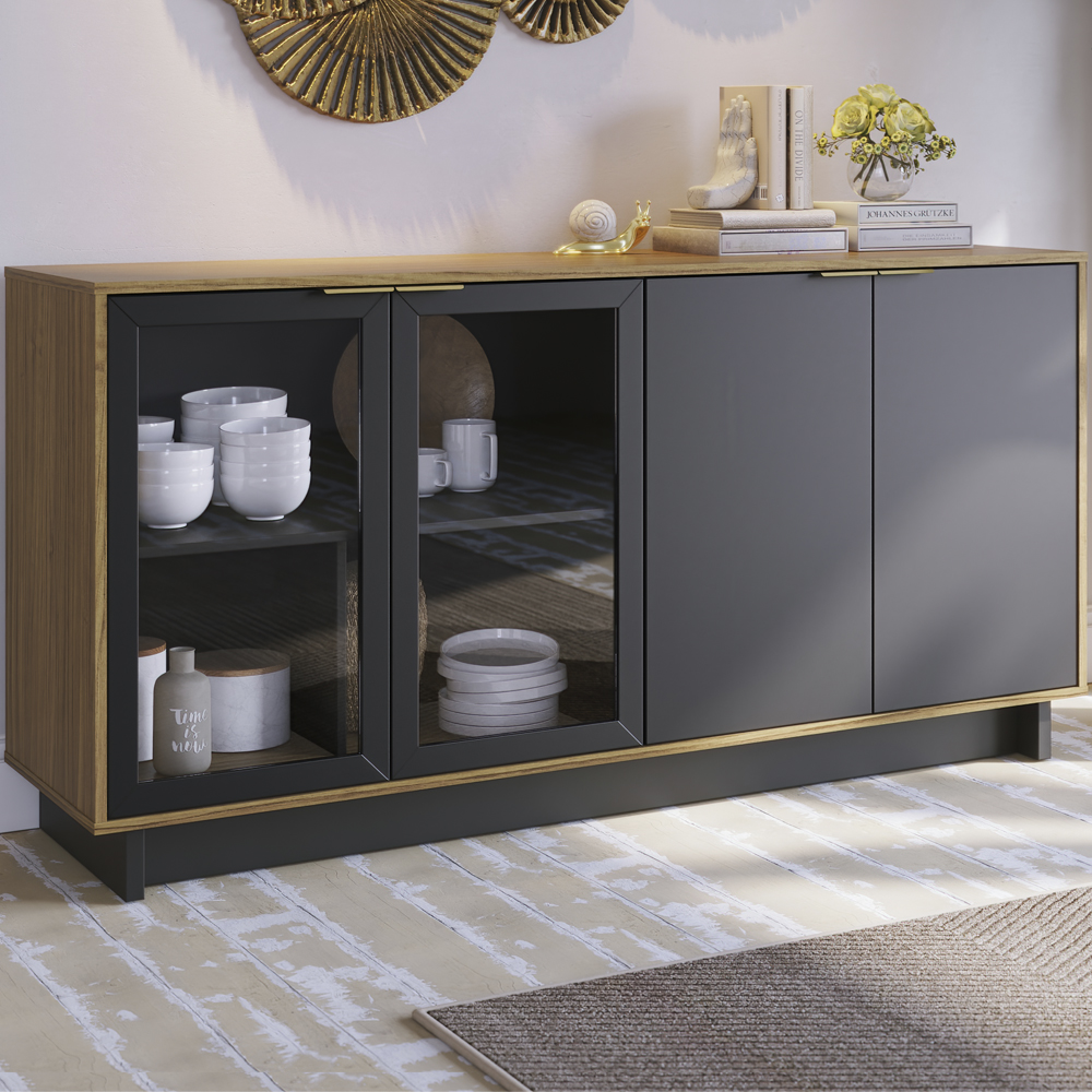 Balcao Buffet Aparador 160 cm 4 Portas V1524 Noce Milano Preto CLB