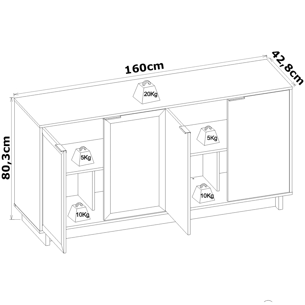 Balcao Buffet Aparador 160 cm 4 Portas V1524 Noce Milano Preto CLB