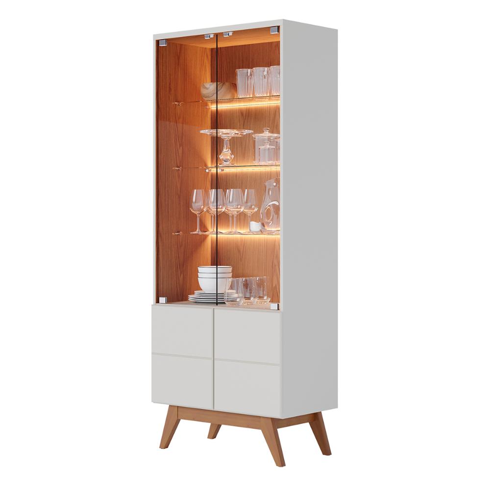 Cristaleira Noronha LED com 4 Portas e Pés de Madeira Maciça Off White Matte/Freijo