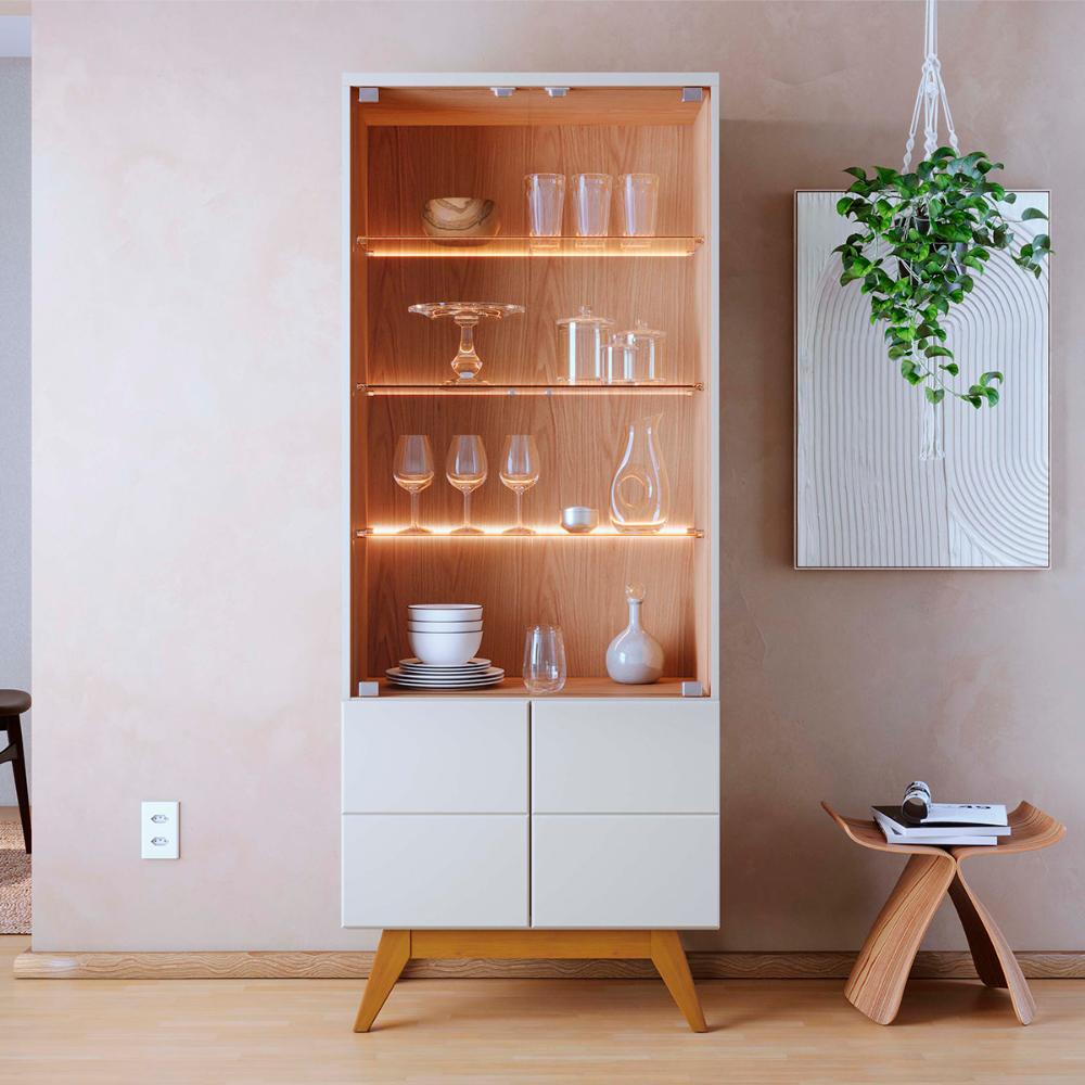 Cristaleira Noronha LED com 4 Portas e Pés de Madeira Maciça Off White Matte/Freijo