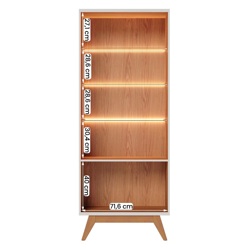 Cristaleira Noronha LED com 4 Portas e Pés de Madeira Maciça Off White Matte/Freijo