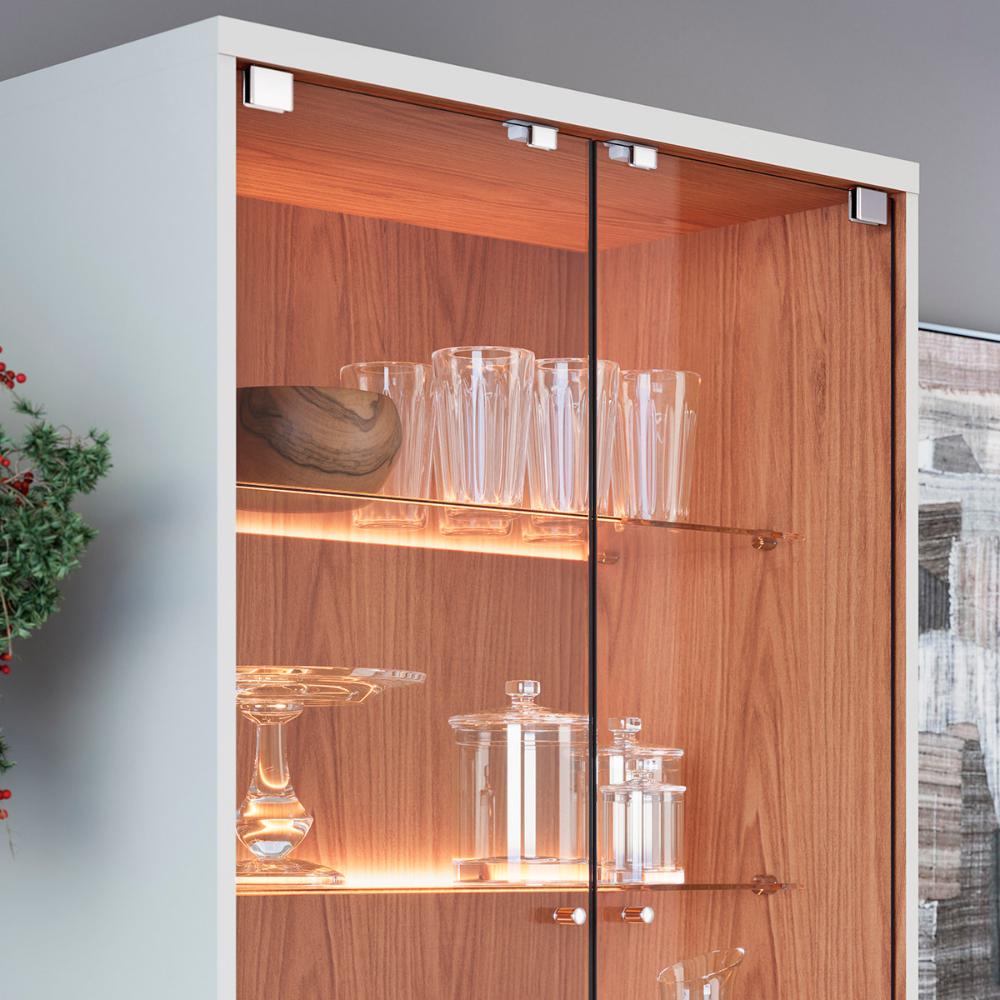 Cristaleira Noronha LED com 4 Portas e Pés de Madeira Maciça Off White Matte/Freijo