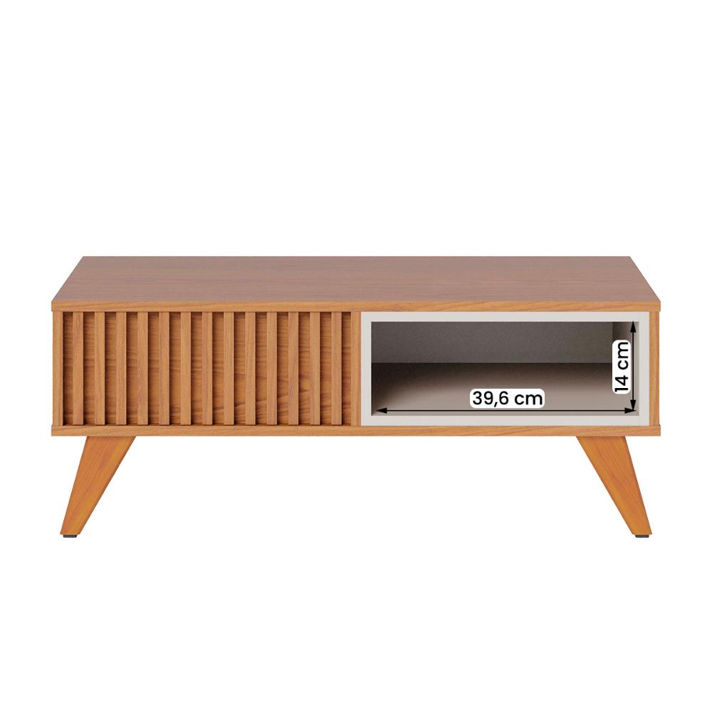 Mesa de Centro Jeri Sala com Pés de Madeira Maciça Freijo/Off White Matte
