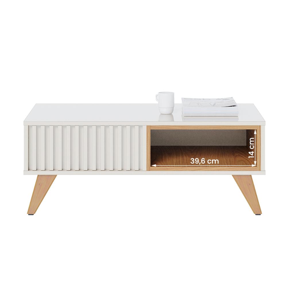 Mesa de Centro Jeri Sala com Pés de Madeira Maciça Off White/Freijo