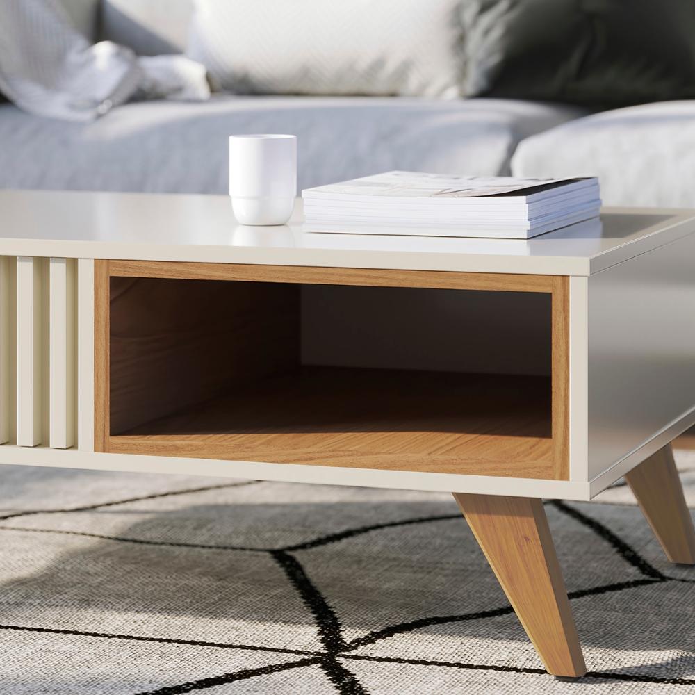 Mesa de Centro Jeri Sala com Pés de Madeira Maciça Off White/Freijo