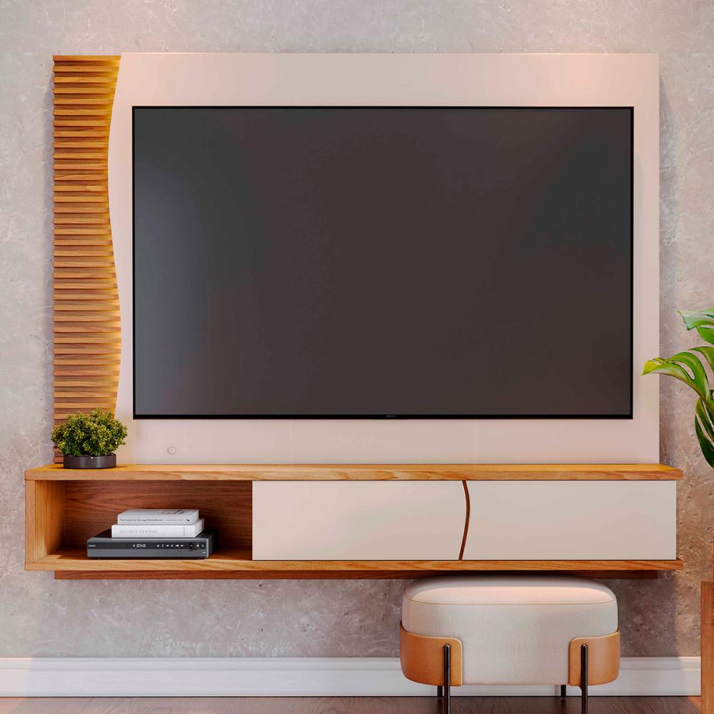 Painel Home Suspenso Egeu Para TV até 65" Polegadas Off White Matte/Freijo