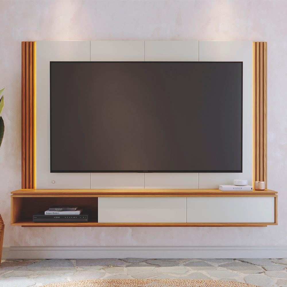 Painel Home Suspenso Loa Para TV até 75" Polegadas Com LED Off White Matte/Freijo