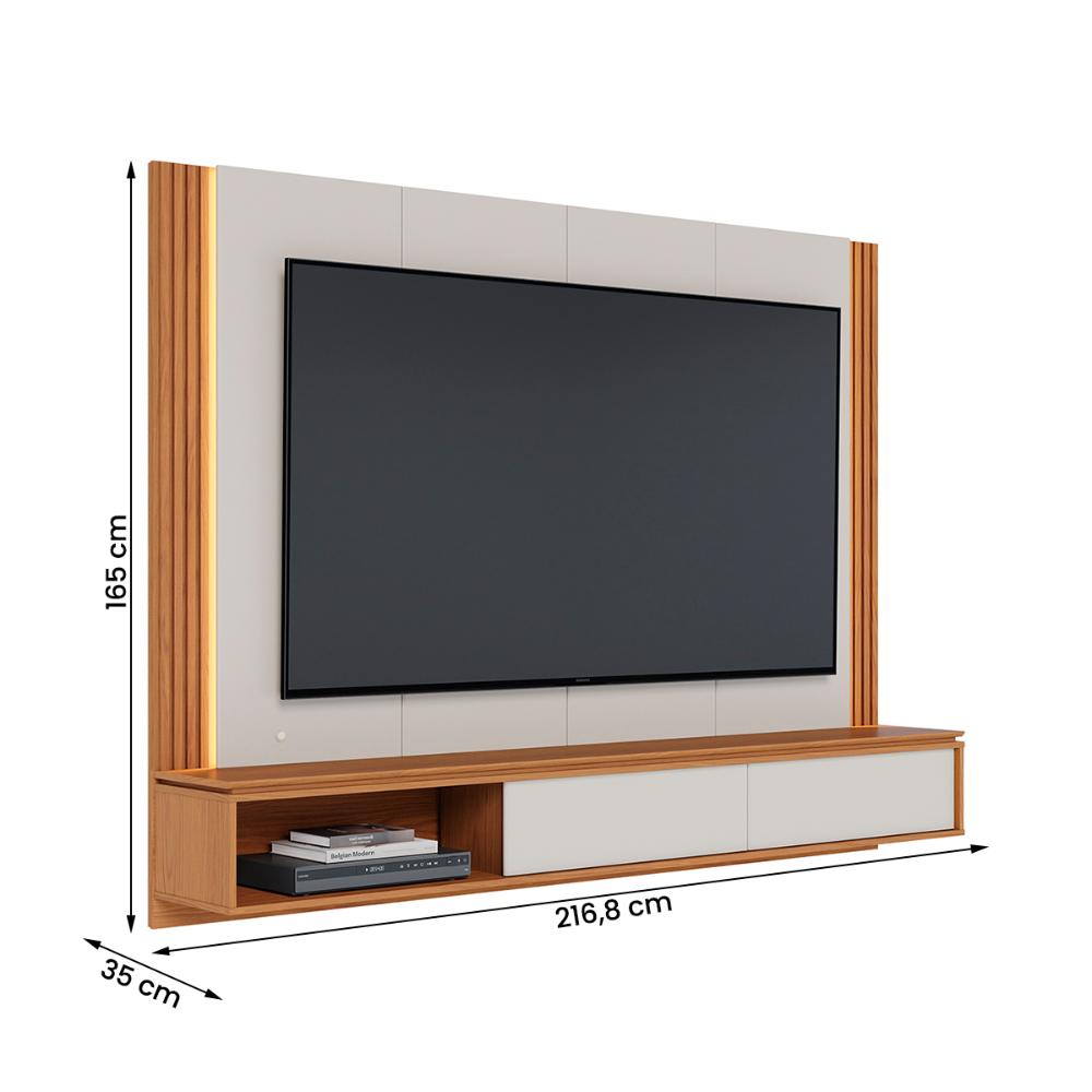 Painel Home Suspenso Loa Para TV até 75" Polegadas Com LED Off White Matte/Freijo