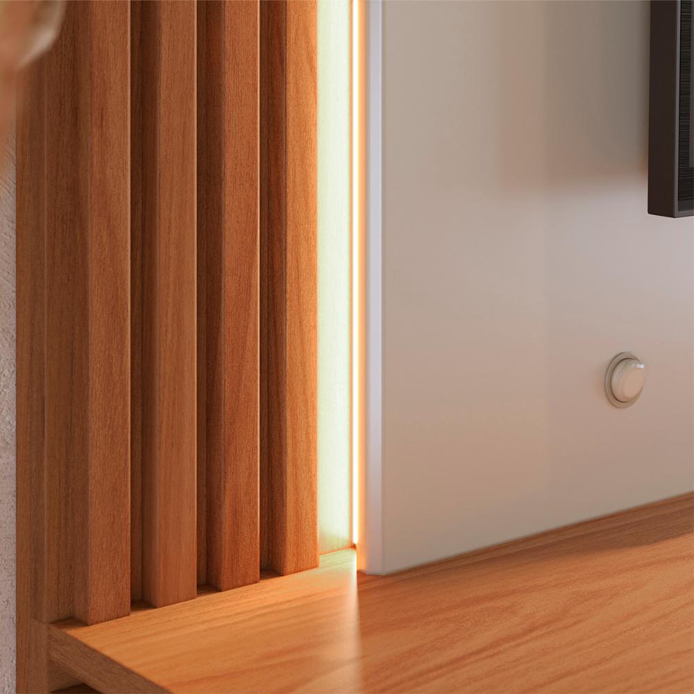Painel Home Suspenso Loa Para TV até 75" Polegadas Com LED Off White Matte/Freijo
