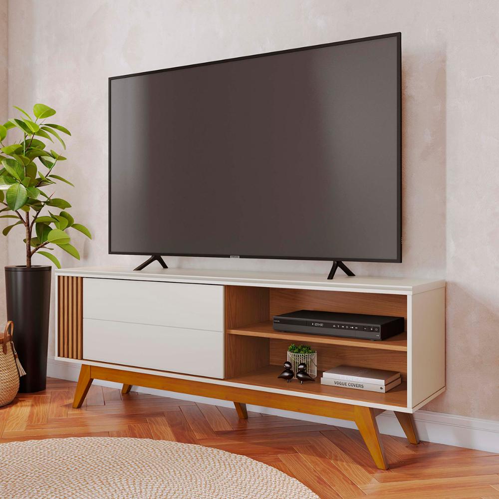 Rack Bancada Otawa TV até 60 Polegadas Pés de Madeira Maciça Off White Matte/Freijo