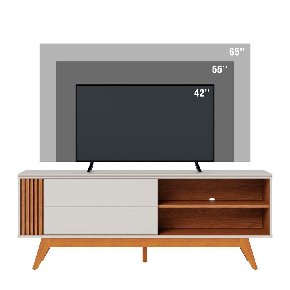 Rack Bancada Otawa TV até 60 Polegadas Pés de Madeira Maciça Off White Matte/Freijo